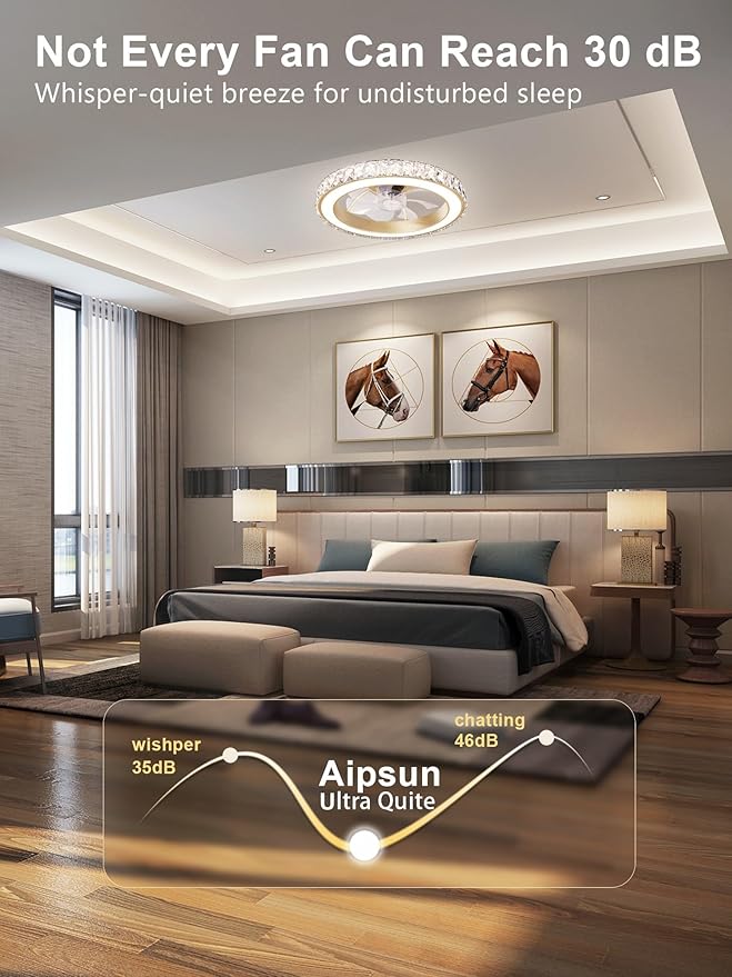 Low Profile Modern Crystal Chandelier Ceiling Fans with Lights and Remote, 3000K-6500K Smart Bladeless LED Fan Light, 18"