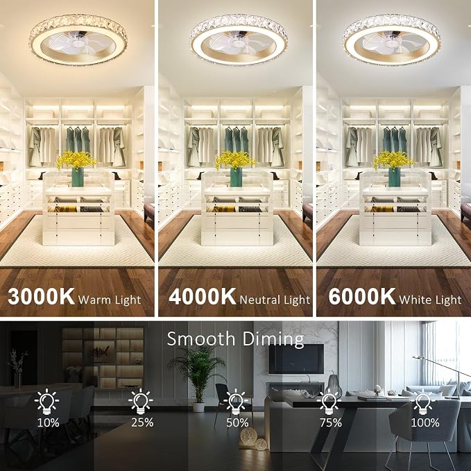 Low Profile Modern Crystal Chandelier Ceiling Fans with Lights and Remote, 3000K-6500K Smart Bladeless LED Fan Light, 18"