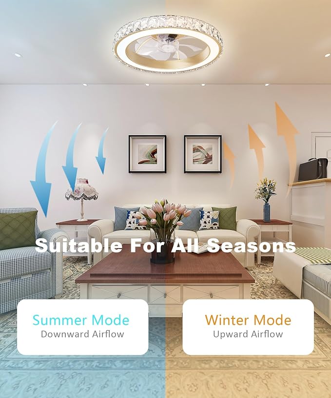 Low Profile Modern Crystal Chandelier Ceiling Fans with Lights and Remote, 3000K-6500K Smart Bladeless LED Fan Light, 18"