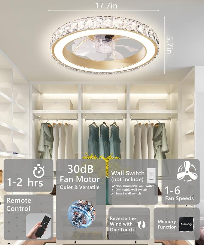 Low Profile Modern Crystal Chandelier Ceiling Fans with Lights and Remote, 3000K-6500K Smart Bladeless LED Fan Light, 18"