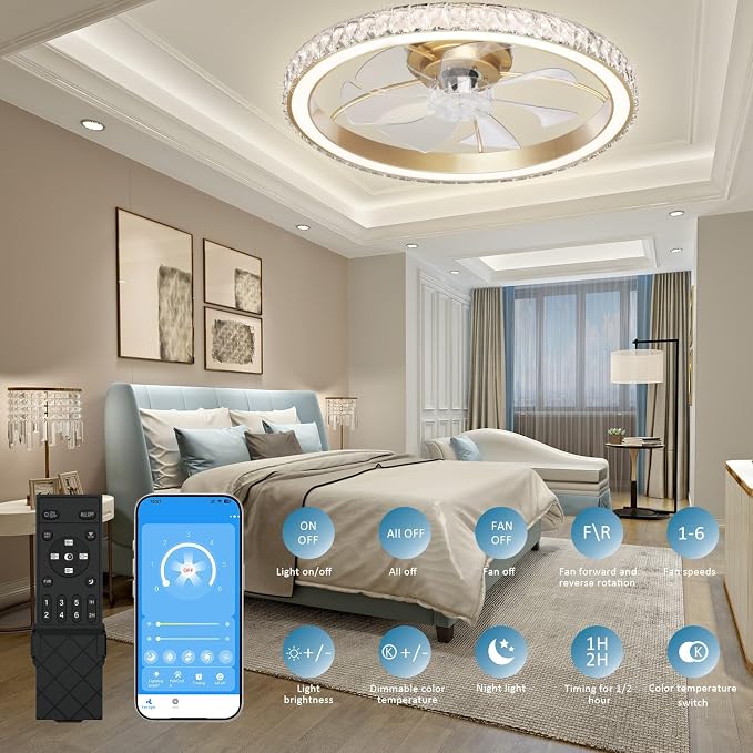 Low Profile Modern Crystal Chandelier Ceiling Fans with Lights and Remote, 3000K-6500K Smart Bladeless LED Fan Light, 26"