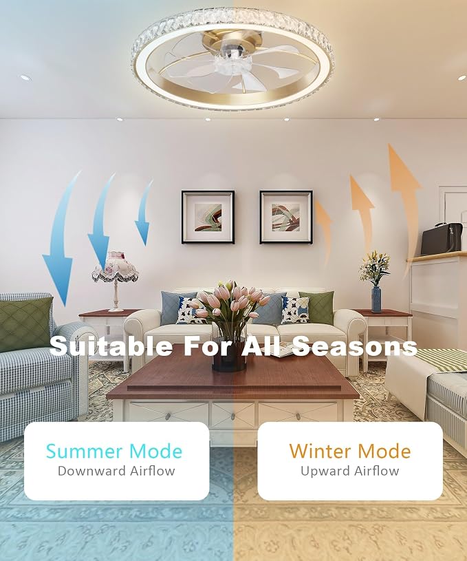 Low Profile Modern Crystal Chandelier Ceiling Fans with Lights and Remote, 3000K-6500K Smart Bladeless LED Fan Light, 26"