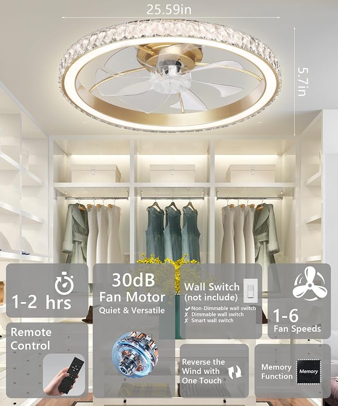 Low Profile Modern Crystal Chandelier Ceiling Fans with Lights and Remote, 3000K-6500K Smart Bladeless LED Fan Light, 26"
