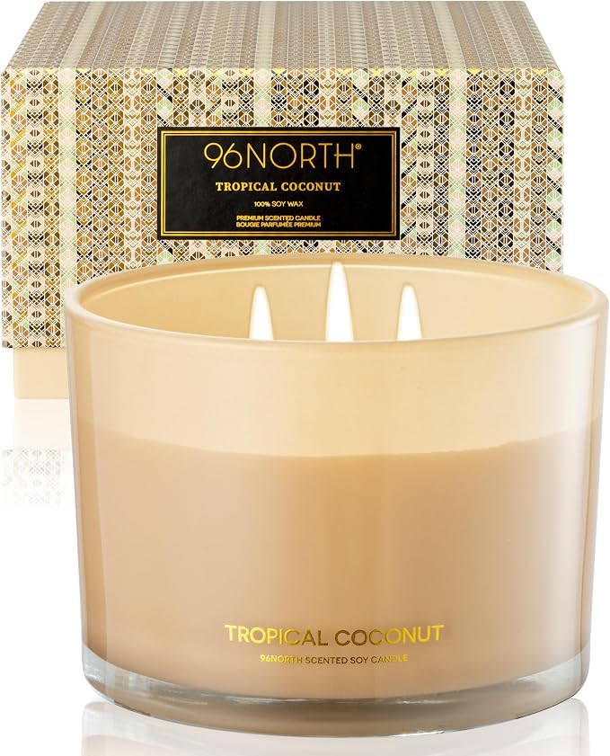 Luxury Coconut Soy Candle | Large 3 Wick Jar Candle | Up to 50 Hours Burning Time | Tropical Beach Scented Candles for Home |