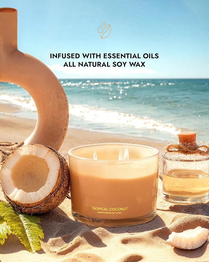 Luxury Coconut Soy Candle | Large 3 Wick Jar Candle | Up to 50 Hours Burning Time | Tropical Beach Scented Candles for Home |