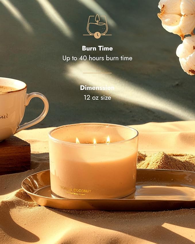 Luxury Coconut Soy Candle | Large 3 Wick Jar Candle | Up to 50 Hours Burning Time | Tropical Beach Scented Candles for Home |