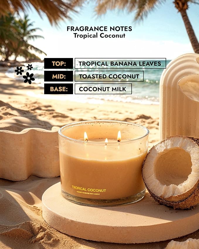 Luxury Coconut Soy Candle | Large 3 Wick Jar Candle | Up to 50 Hours Burning Time | Tropical Beach Scented Candles for Home |