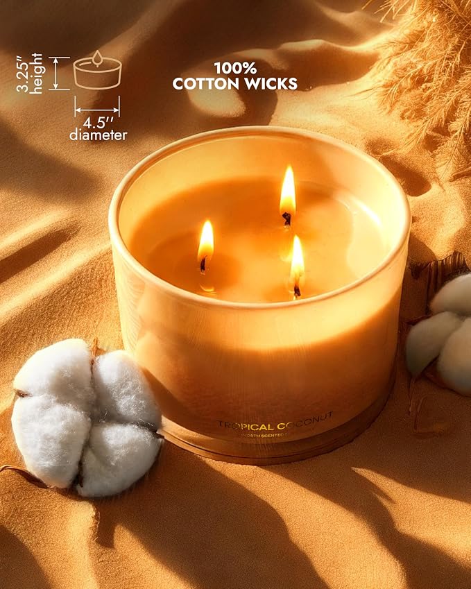 Luxury Coconut Soy Candle | Large 3 Wick Jar Candle | Up to 50 Hours Burning Time | Tropical Beach Scented Candles for Home |