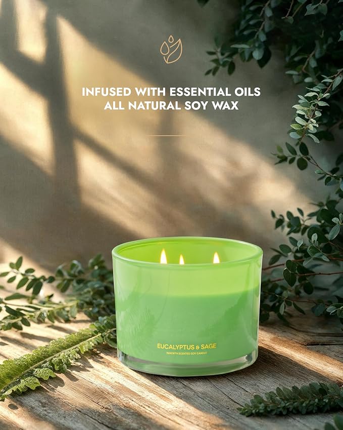 Luxury Eucalyptus & Sage Soy Candle | Large 3 Wick Jar Candle | Up to 50 Hours Burning Time | 100% Natural Soy Wax |