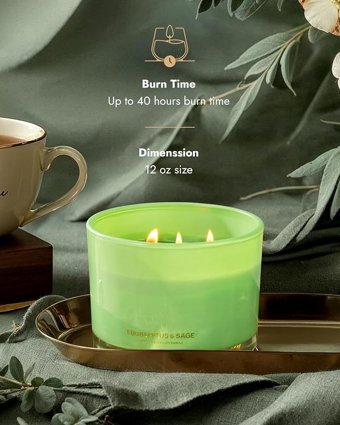 Luxury Eucalyptus & Sage Soy Candle | Large 3 Wick Jar Candle | Up to 50 Hours Burning Time | 100% Natural Soy Wax |