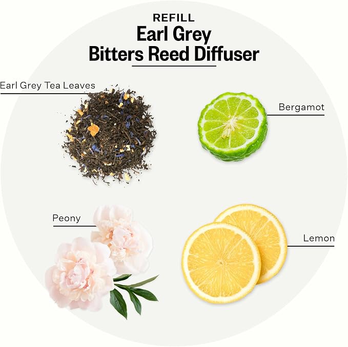 Luxury Scented Oil Reed Diffuser Liquid Refill (Earl Grey Bitters) - Premium Home Fragrance Diffuser Refill Set with Sticks