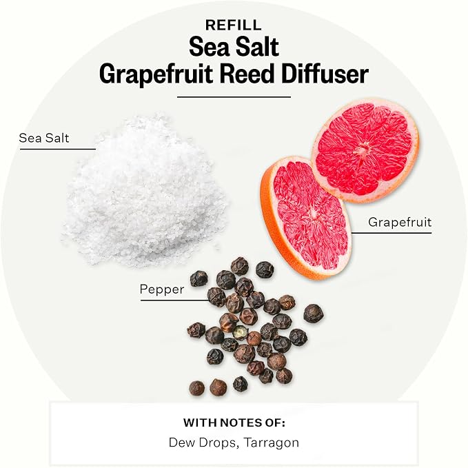 Luxury Scented Oil Reed Diffuser Liquid Refill (Sea Salt Grapefruit) - Premium Home Fragrance Diffuser Refill Set with