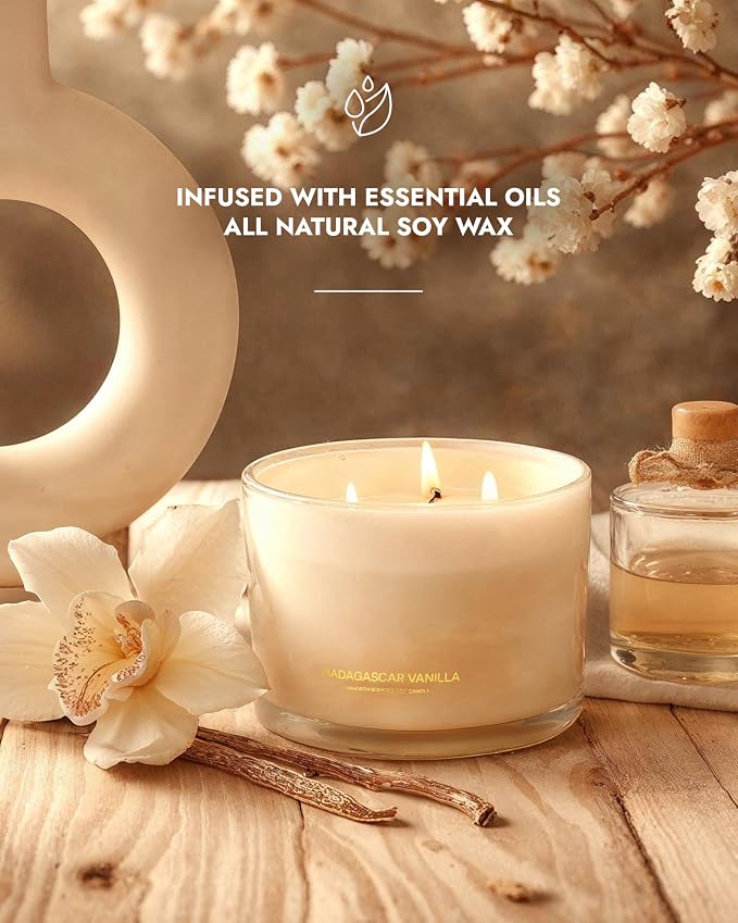 Luxury Vanilla Soy Candles | Large 3 Wick Jar Candle | Up to 50 Hours Burning Time | 100% Natural Soy Wax |, alternate view 2