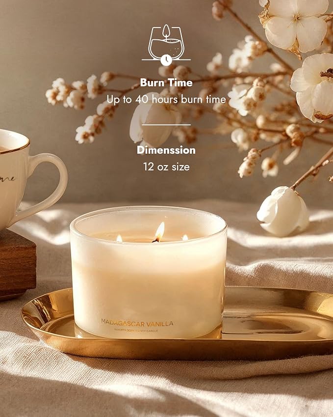 Luxury Vanilla Soy Candles | Large 3 Wick Jar Candle | Up to 50 Hours Burning Time | 100% Natural Soy Wax |, alternate view 3