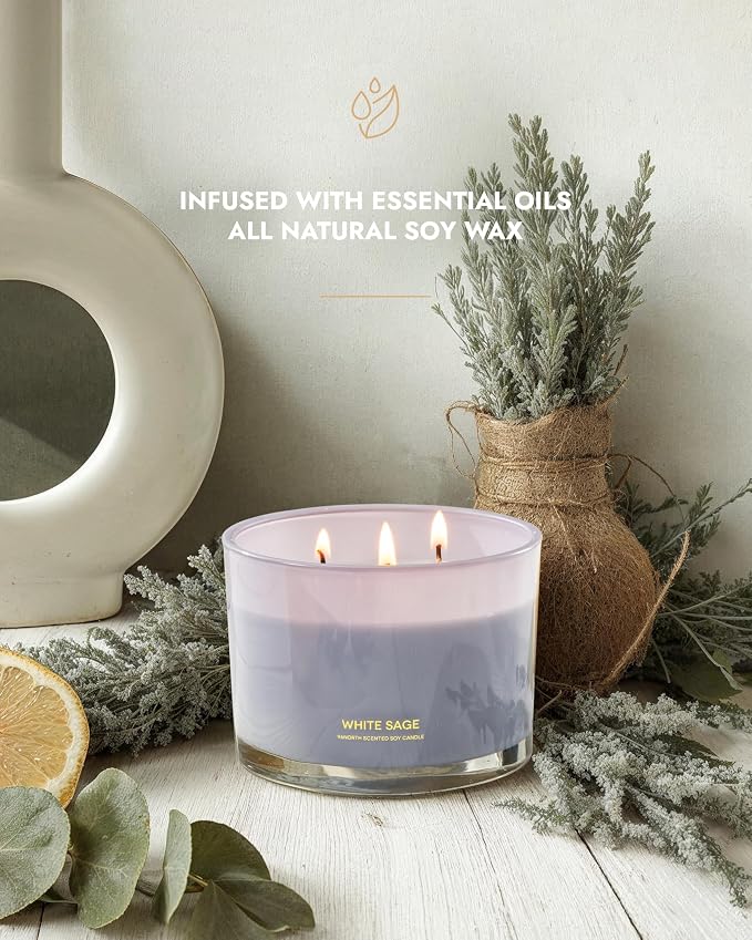 Luxury White Sage Candle | Large 3 Wick Jar Candle | Up to 50 Hours Burning Time | 100% Natural Soy Wax |, alternate view 2