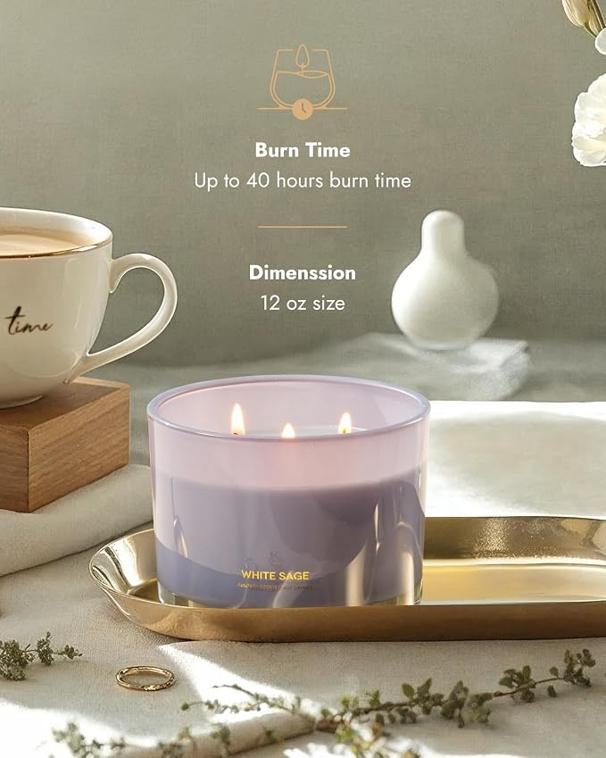 Luxury White Sage Candle | Large 3 Wick Jar Candle | Up to 50 Hours Burning Time | 100% Natural Soy Wax |, alternate view 3