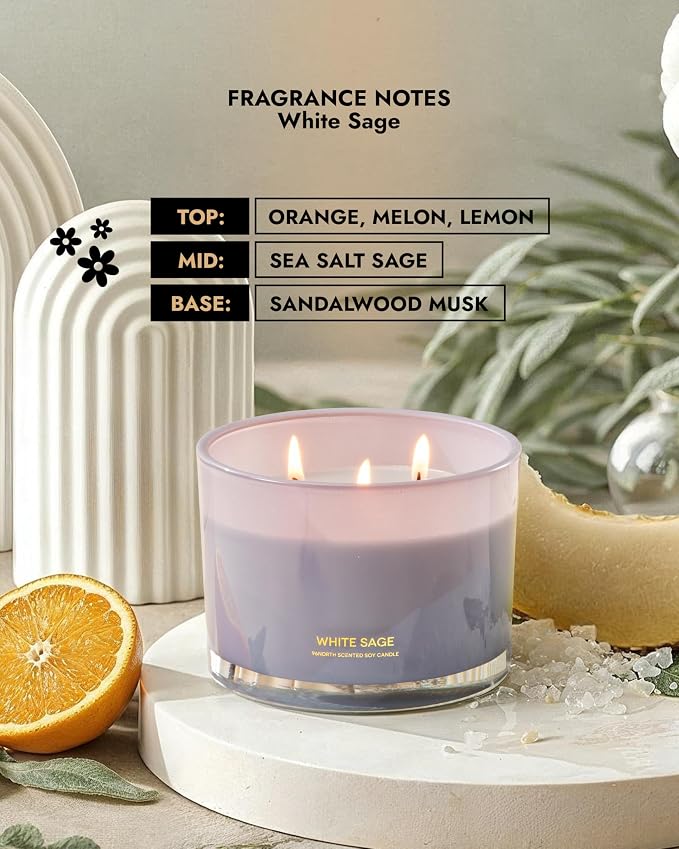 Luxury White Sage Candle | Large 3 Wick Jar Candle | Up to 50 Hours Burning Time | 100% Natural Soy Wax |, alternate view 4