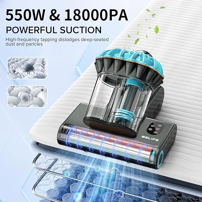 M8 Mattress Vacuum Cleaner, 18Kpa 550W Bed Cleaner with UV & Hot Air & HEPA Filter, High Heating Double-Cup Handheld Couch