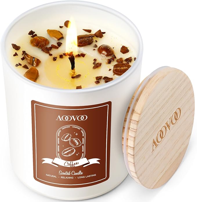Macchiato Coffee Scented Candles for Women - Aromatherapy Candle with Crystals Inside, 10oz, 60H Burning Time, product image