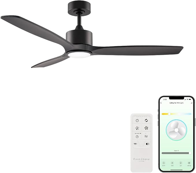 Madera 52in 3-Blade Smart Indoor or Outdoor Ceiling Fan 2700K-6000K CCT Tunable Range LED Light Kit in Matte Black with Ebony