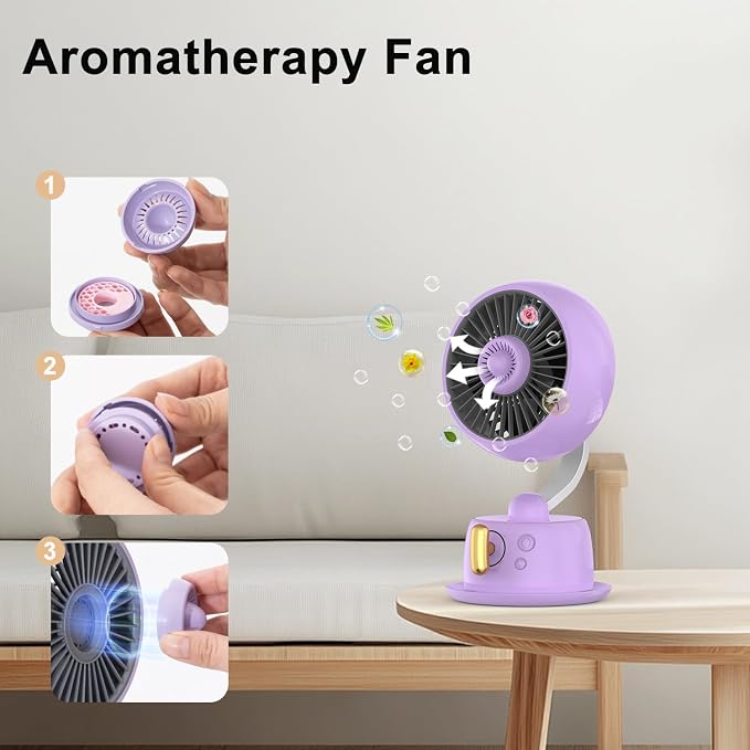 Magnetic Aromatherapy Desk Fan,CordlessTable Air Circulator Fan with Night Light,120° Auto Swing & 27dB Quiet, 3600mAh