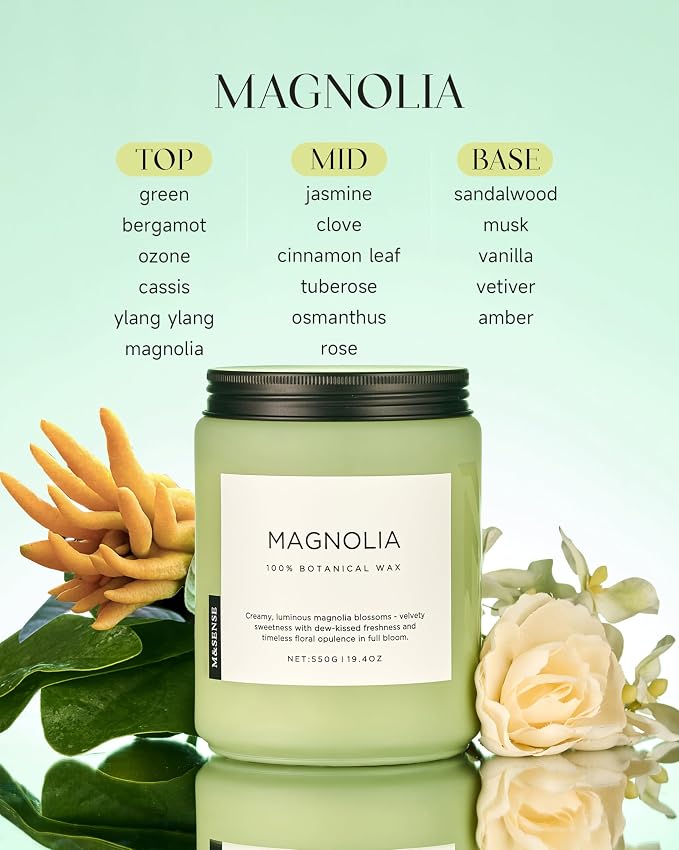 Magnolia Jasmine Romantic Scented Candle, 19.4oz 110 Hours Long Lasting Clean made from natural materials All Natural Soy