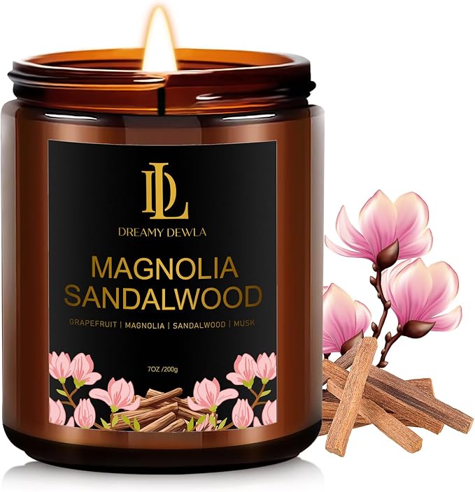 Magnolia & Sandalwood Scented Candles, Soy Candle for Home Scented, Amber Jar Candles Gifts for Men Women, 7oz 7oz Glass