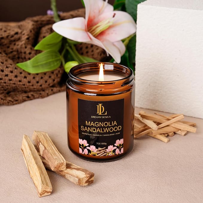 Magnolia & Sandalwood Scented Candles, Soy Candle for Home Scented, Amber Jar Candles Gifts for Men Women, 7oz 7oz Glass