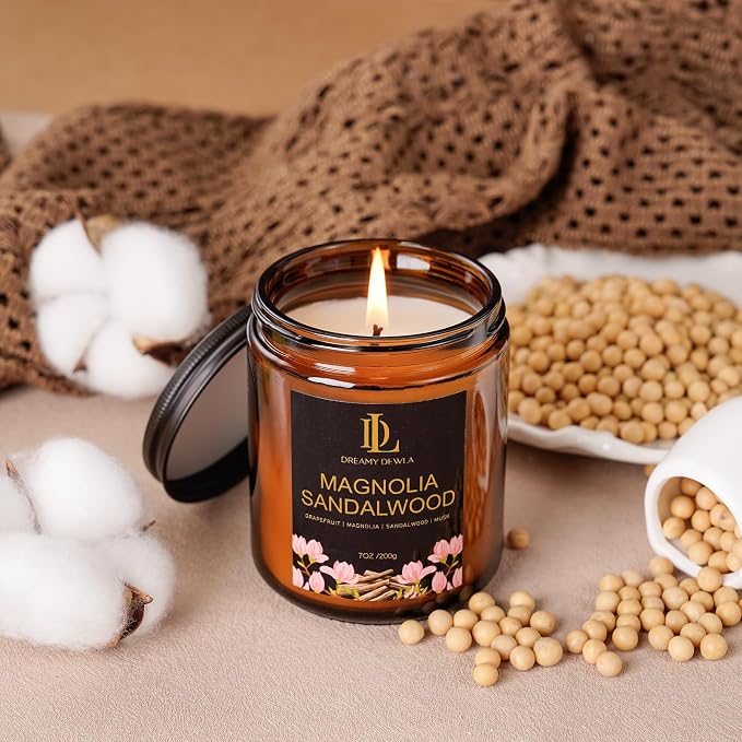 Magnolia & Sandalwood Scented Candles, Soy Candle for Home Scented, Amber Jar Candles Gifts for Men Women, 7oz 7oz Glass