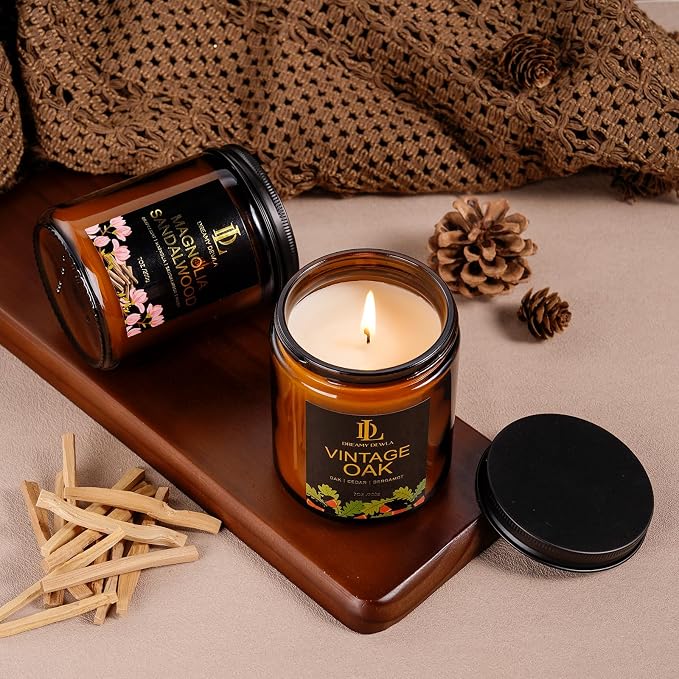 Magnolia & Sandalwood Scented Candles, Soy Candle for Home Scented, Amber Jar Candles Gifts for Men Women, 7oz 7oz Glass