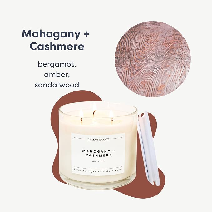 . Mahogany & Cashmere 3 Wick Scented Candle - 43 Hour Burn - Luxury 3 Wick Soy Candles, alternate product view 2