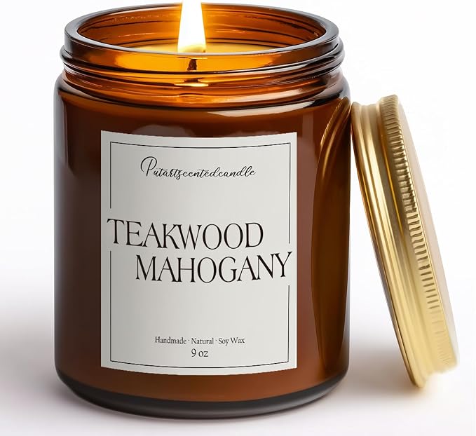 Mahogany & Teakwood Highly Scented Candles for Home, 9oz Natural Soy Aromatherapy Organic Candle with Essential Oil, product