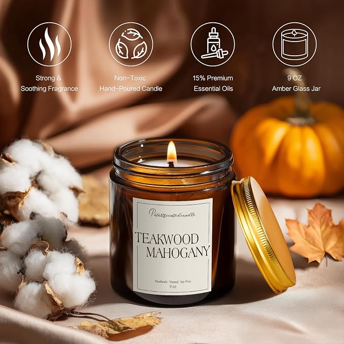 Mahogany & Teakwood Highly Scented Candles for Home, 9oz Natural Soy Aromatherapy Organic Candle with Essential Oil