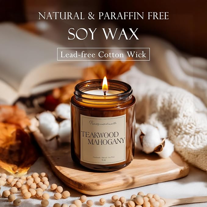 Mahogany & Teakwood Highly Scented Candles for Home, 9oz Natural Soy Aromatherapy Organic Candle with Essential Oil