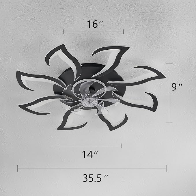 Malnutcolor Modern Low Profile 36 Inch Black Flush Mount Ceiling Fan with 3 Light Color 6 Speeds, Fandelier for Living Room