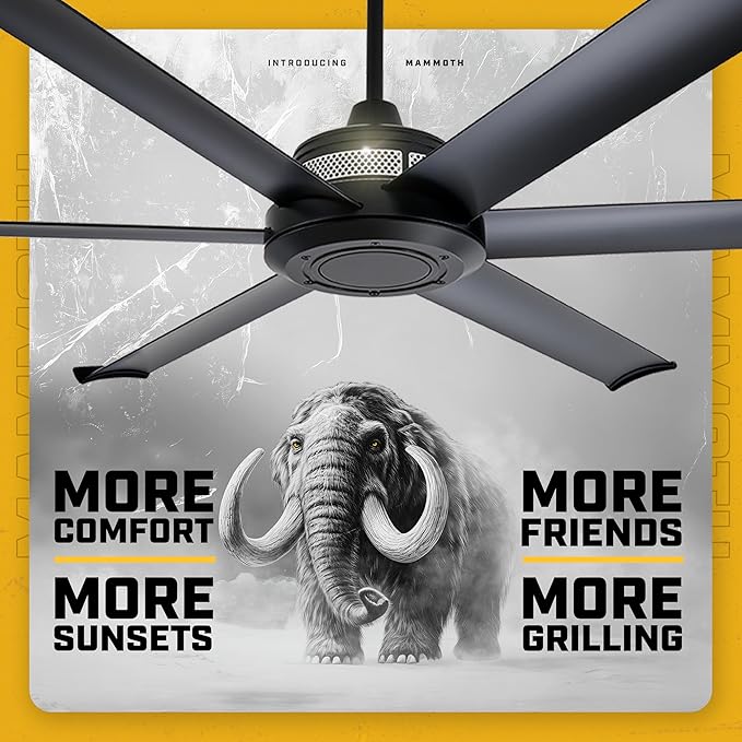 Mammoth 72" Outdoor Ceiling Fan with LED Light – Black Finish – Smart Wi-Fi Ceiling Fan with Remote & Voice Control – Wet