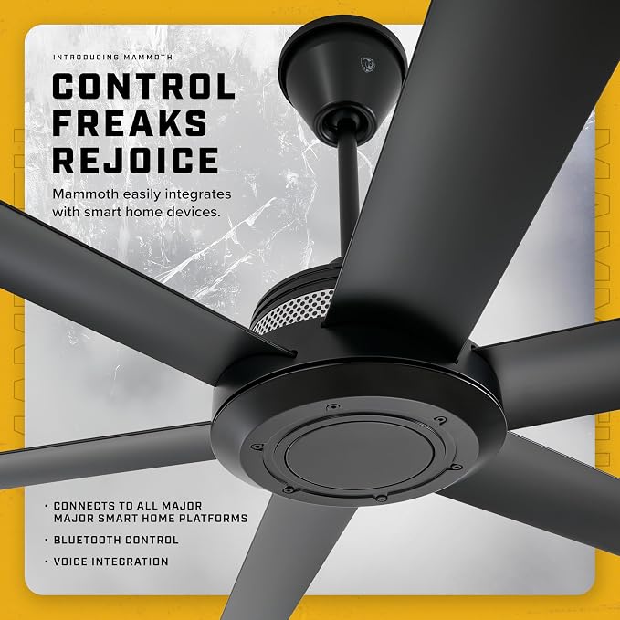 Mammoth 72" Outdoor Ceiling Fan with LED Light – Black Finish – Smart Wi-Fi Ceiling Fan with Remote & Voice Control – Wet