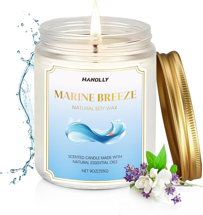 Marine Breeze Candle, 9 oz Scented Candles for Home Soy Candle Wax, Aromatherapy Candles for Women Men, Birthday Christmas