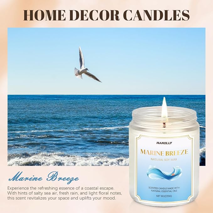 Marine Breeze Candle, 9 oz Scented Candles for Home Soy Candle Wax, Aromatherapy Candles for Women Men, Birthday Christmas