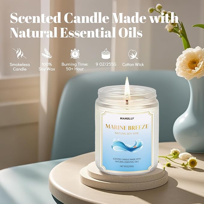 Marine Breeze Candle, 9 oz Scented Candles for Home Soy Candle Wax, Aromatherapy Candles for Women Men, Birthday Christmas