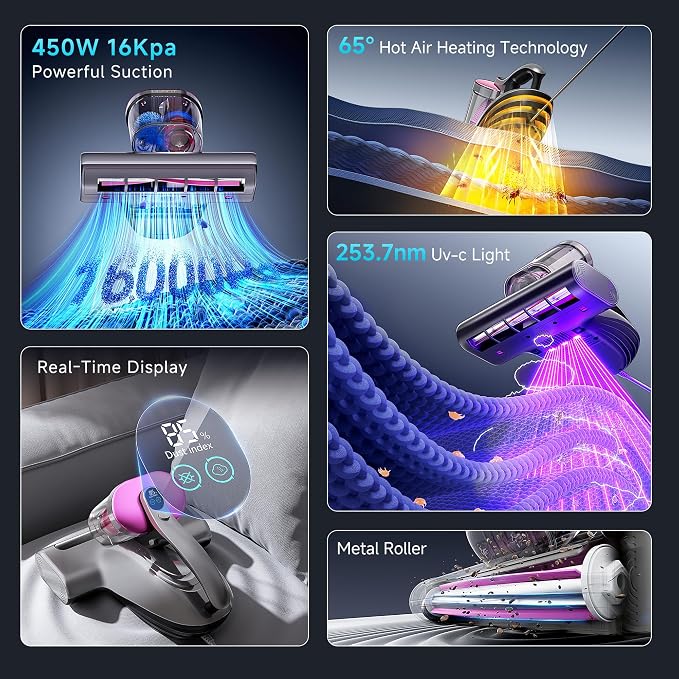 Mattress Vacuum Cleaner, 16Kpa 450W Bed Vacuum Cleaner with 253.7nm UV-C Light, 149°F Heat, 36000 RPM/Min Tapping, HEPA