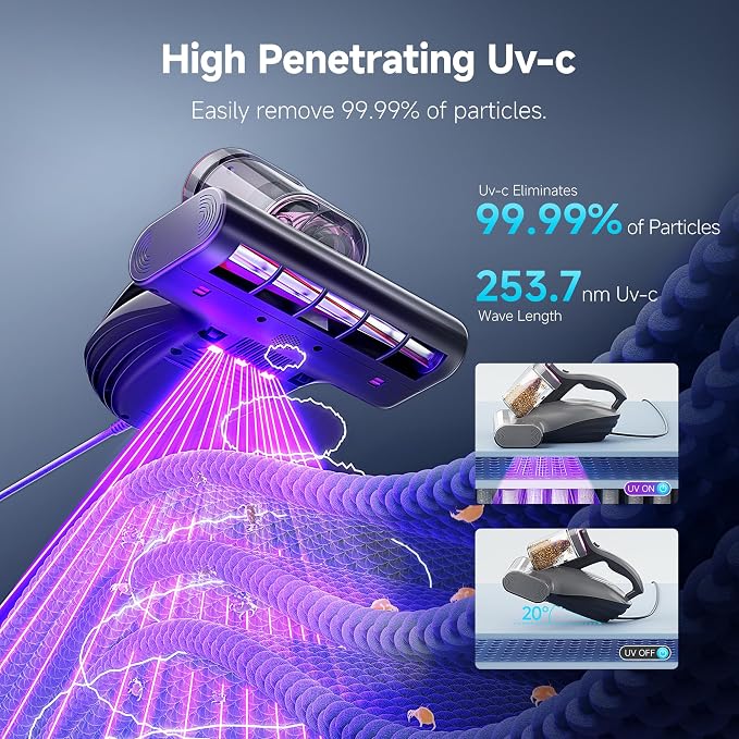Mattress Vacuum Cleaner, 16Kpa 450W Bed Vacuum Cleaner with 253.7nm UV-C Light, 149°F Heat, 36000 RPM/Min Tapping, HEPA
