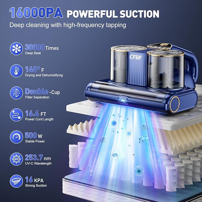 Mattress Vacuum Cleaner, Bed Vacuum Cleaner with 16Kpa Suction 253.7nm UV-C Light, Ultrasonic & High Heating, alternate
