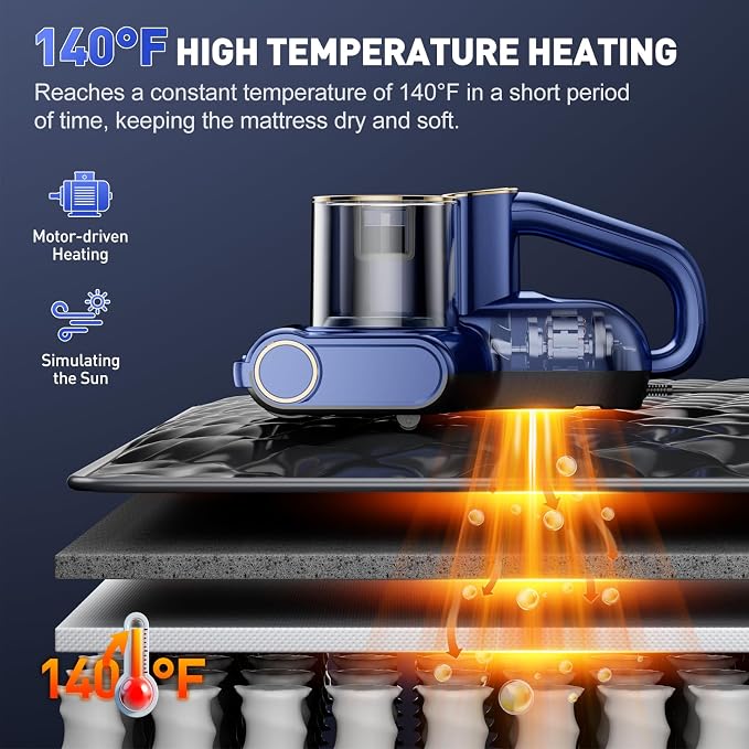 Mattress Vacuum Cleaner, Bed Vacuum Cleaner with 16Kpa Suction 253.7nm UV-C Light, Ultrasonic & High Heating, alternate