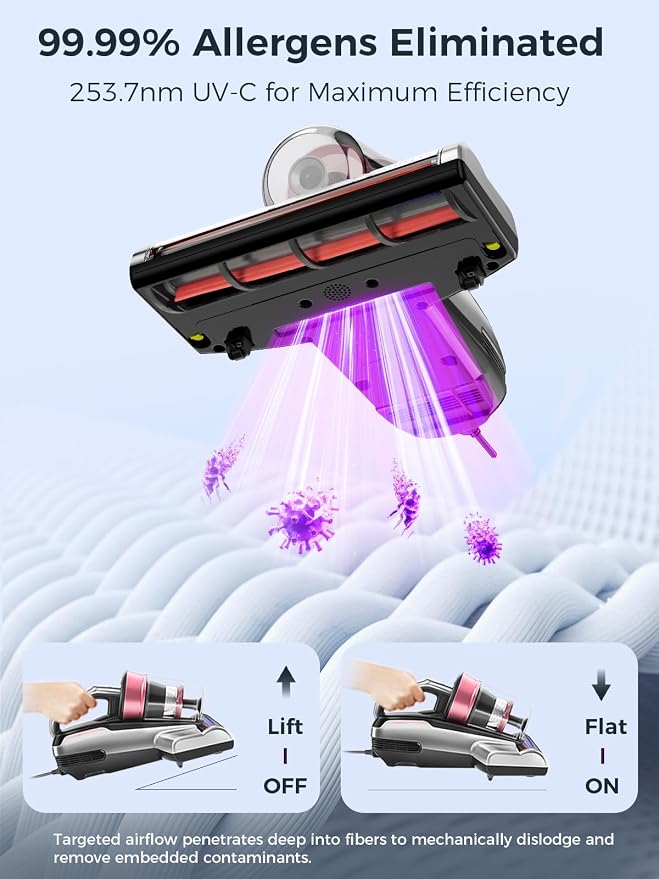 Mattress Vacuum Cleaner, Bed Vacuum Cleaner with UV-C Light & Ultrasonic, 15Kpa Suction 500W Powerful Handheld Vacuums for