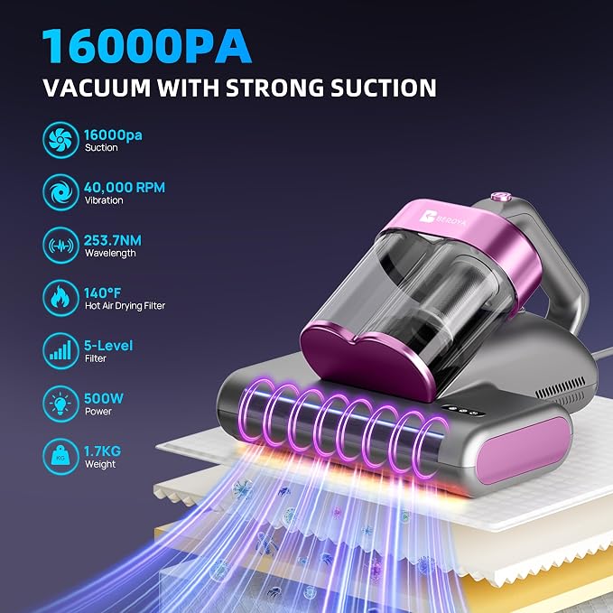 Mattress Vacuum Cleaner UVC 253.7nm Light with 16Kpa Strong Suction, 145°F Heat, Ultrasonic, HEPA Filter, Versatile Bed