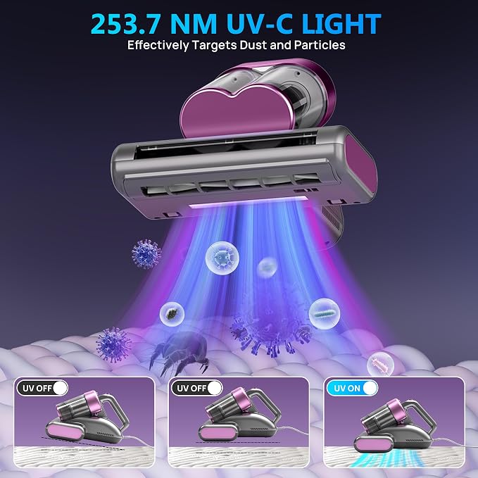 Mattress Vacuum Cleaner UVC 253.7nm Light with 16Kpa Strong Suction, 145°F Heat, Ultrasonic, HEPA Filter, Versatile Bed