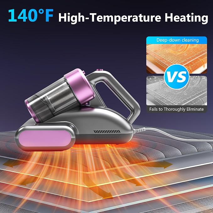 Mattress Vacuum Cleaner UVC 253.7nm Light with 16Kpa Strong Suction, 145°F Heat, Ultrasonic, HEPA Filter, Versatile Bed
