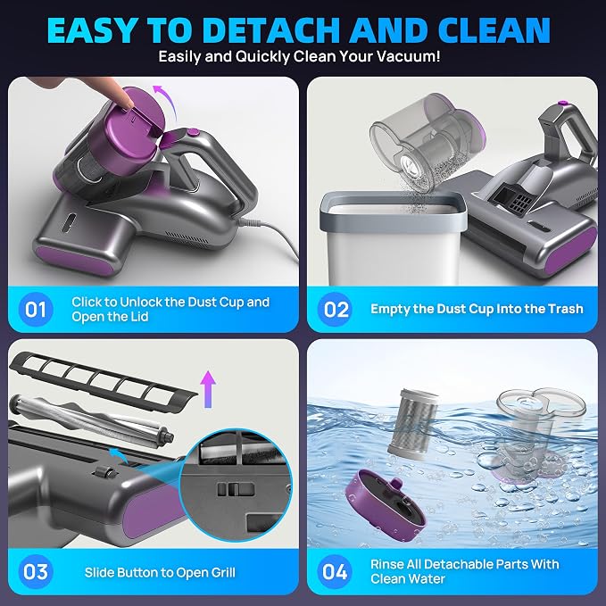 Mattress Vacuum Cleaner UVC 253.7nm Light with 16Kpa Strong Suction, 145°F Heat, Ultrasonic, HEPA Filter, Versatile Bed