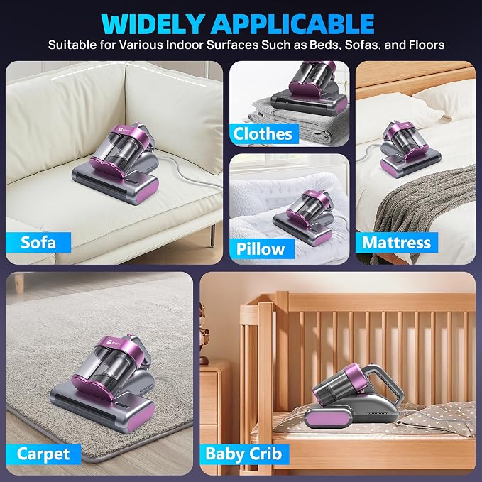 Mattress Vacuum Cleaner UVC 253.7nm Light with 16Kpa Strong Suction, 145°F Heat, Ultrasonic, HEPA Filter, Versatile Bed